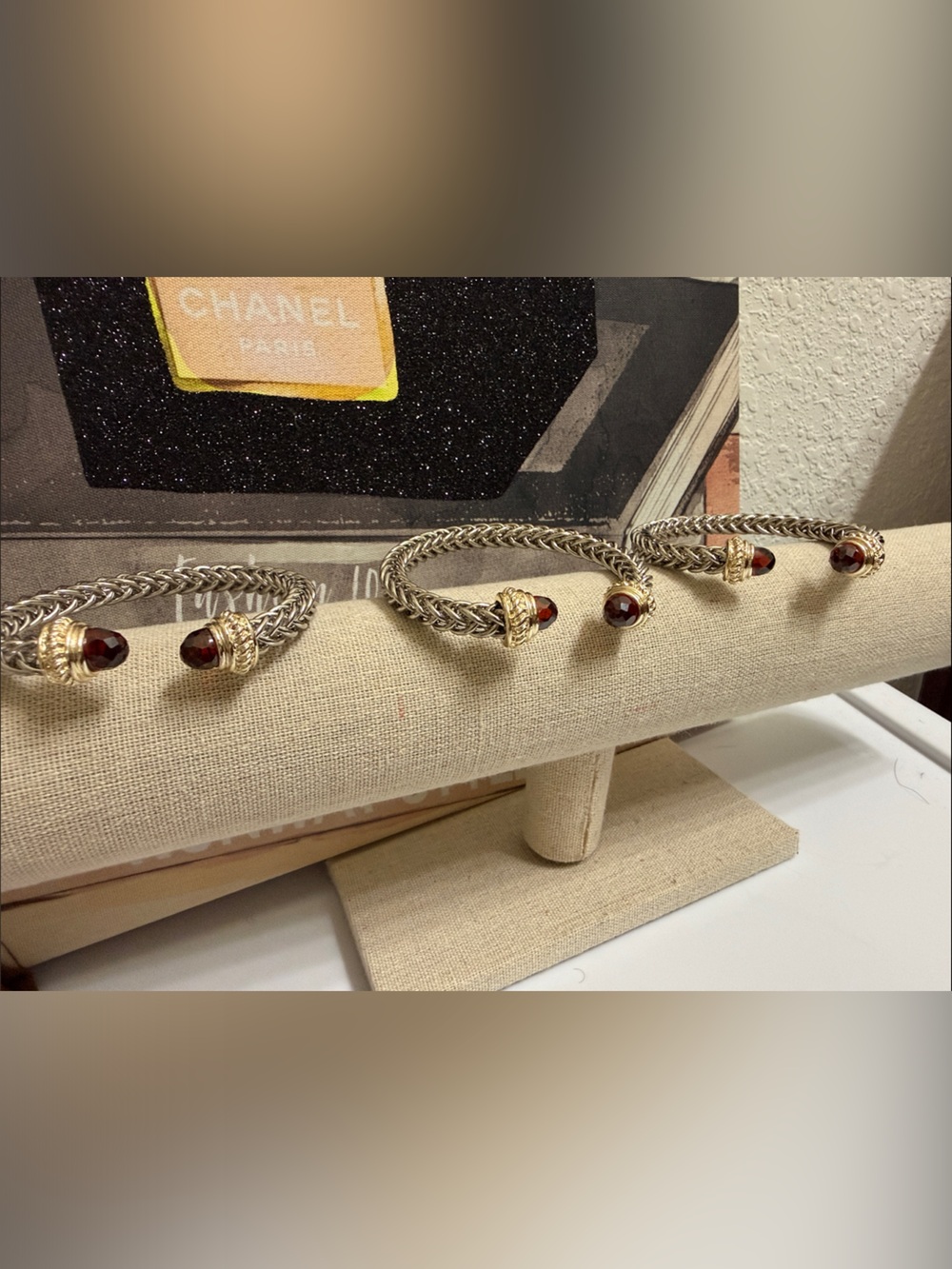 Gold & Silver Braided Bracelet with Garnet Accents - Brown